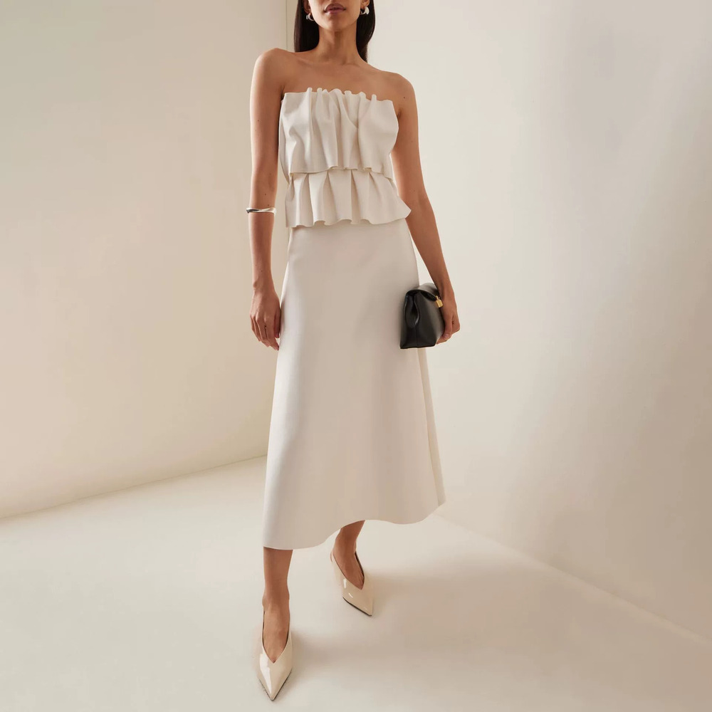 ZARA Elegant White French Paneled Pleated Strapless Maxi Dress
